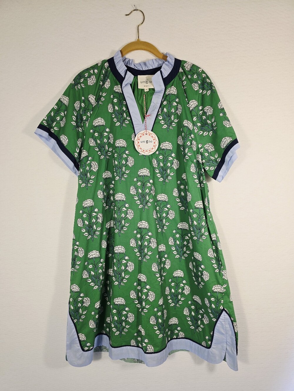 Umgee NWT Green Floral S Sleeve Cotton Ruffled Neck Shift Dress. Ladies Med - Picture 2 of 12